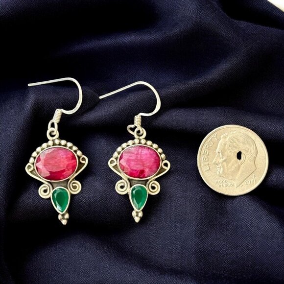 VTG Artisan Crafted Ruby Emerald Sterling Silver Dangle Earrings Stamped 925 - Picture 3 of 7